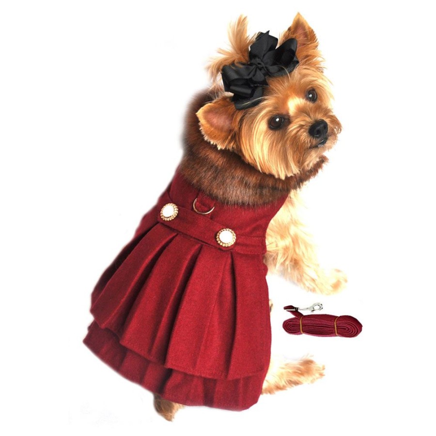 Pet Apparel Doggie Design, Inc. | Designer Burgundy Wool Blend Classic Dog Coat Harness And Fur Collar With Matching Leash