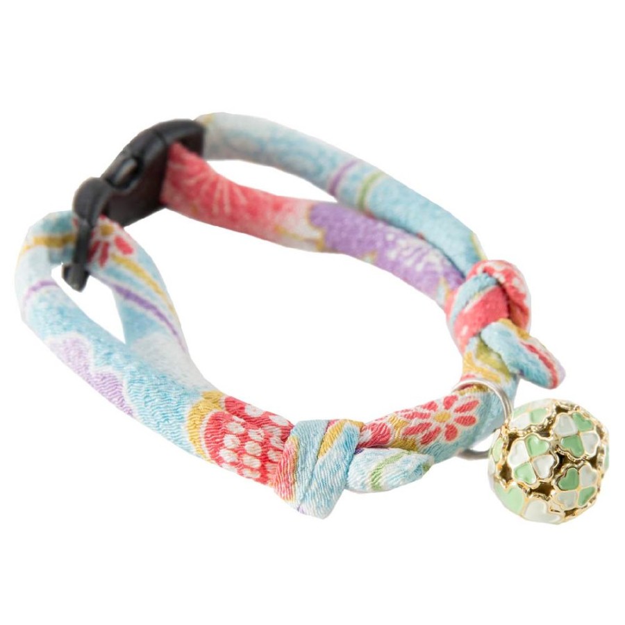 For Cats & Other Critters Necoichi | Chirimen Cat Collar With Clover Bell (Baby Blue)