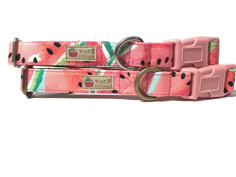 Collars, Leads & Accessories Very Vintage Designs | Melon Drop Light Pink Summer Watermelon Organic Cotton Dog & Cat Pet Collars & Leashes