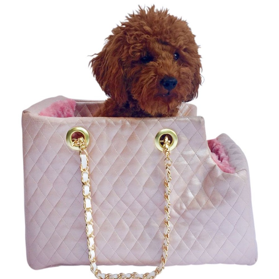 Totes & Carriers Dog Squad | Kate Carrier In Quilted Pearl Pink With Chain Straps