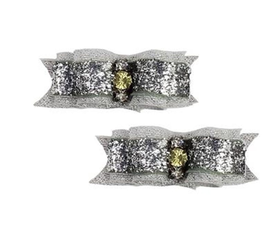 Collars, Leads & Accessories Max's Closet, LLC | Silver Glitter Hair Bows - 2 Bows Per Card