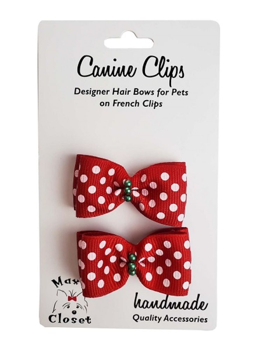 Collars, Leads & Accessories Max's Closet, LLC | Red With White Polka Dot Hair Bows - 2 Per Card