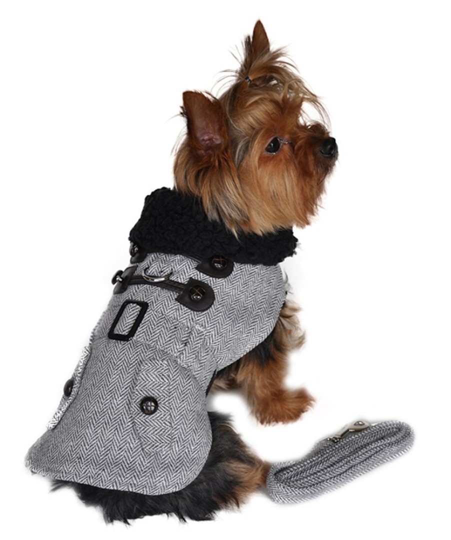 Pet Apparel Doggie Design, Inc. | Designer Grey Herringbone Dog Harness Coat With Matching Leash