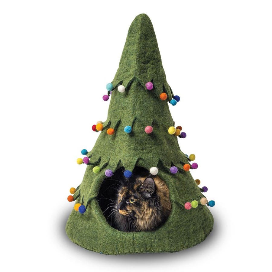 For Cats & Other Critters Dharma Dog Karma Cat® | Wool Pet Cave, Holiday Tree, Green