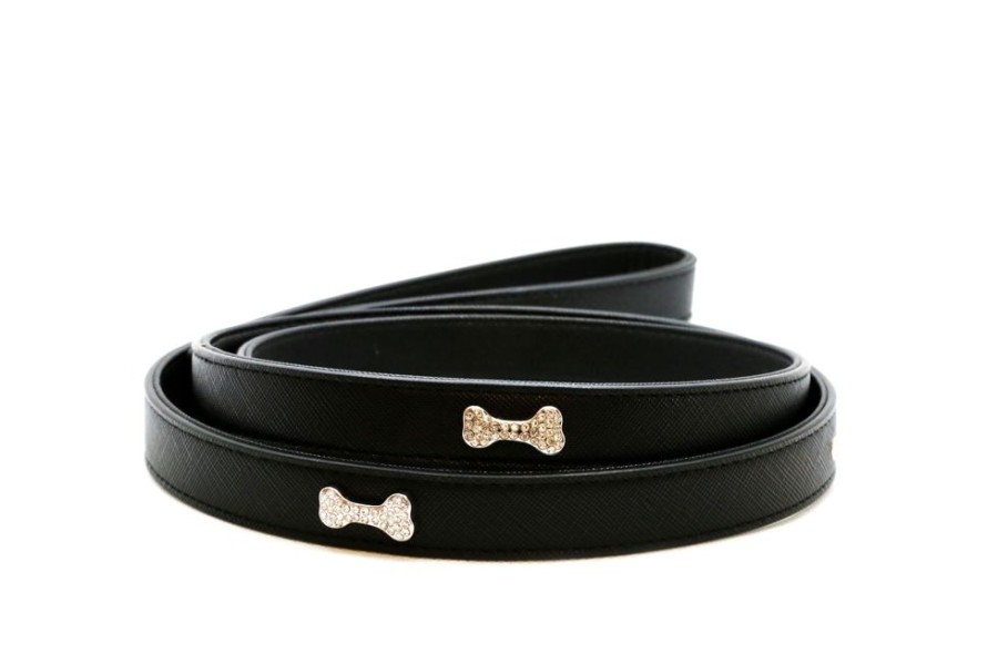 Collars, Leads & Accessories Vanderpump Pets | Vp Pets Designer Diamond And Bone Leatherette Leash - Black