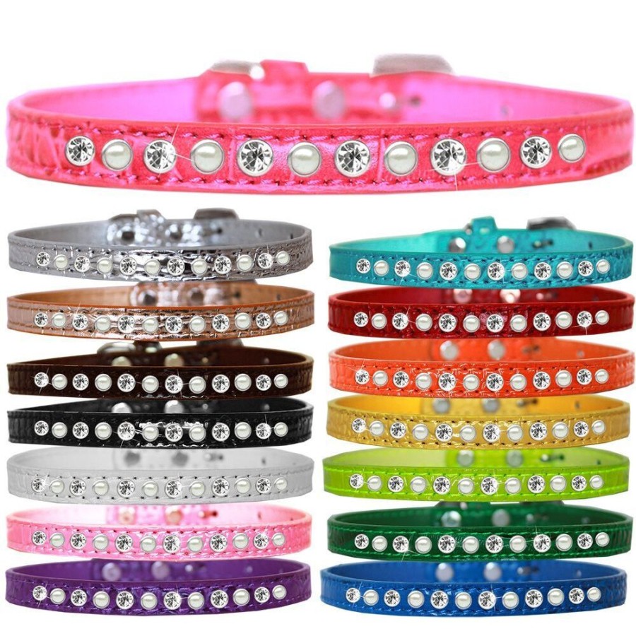 Collars, Leads & Accessories Mirage Pet Products | Pearl And Clear Jewel Croc Dog Collar