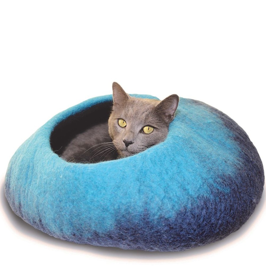 Beds, Crates, Etc. Dharma Dog Karma Cat® | Wool Pet Cave, Ombre, Navy/Turquoise