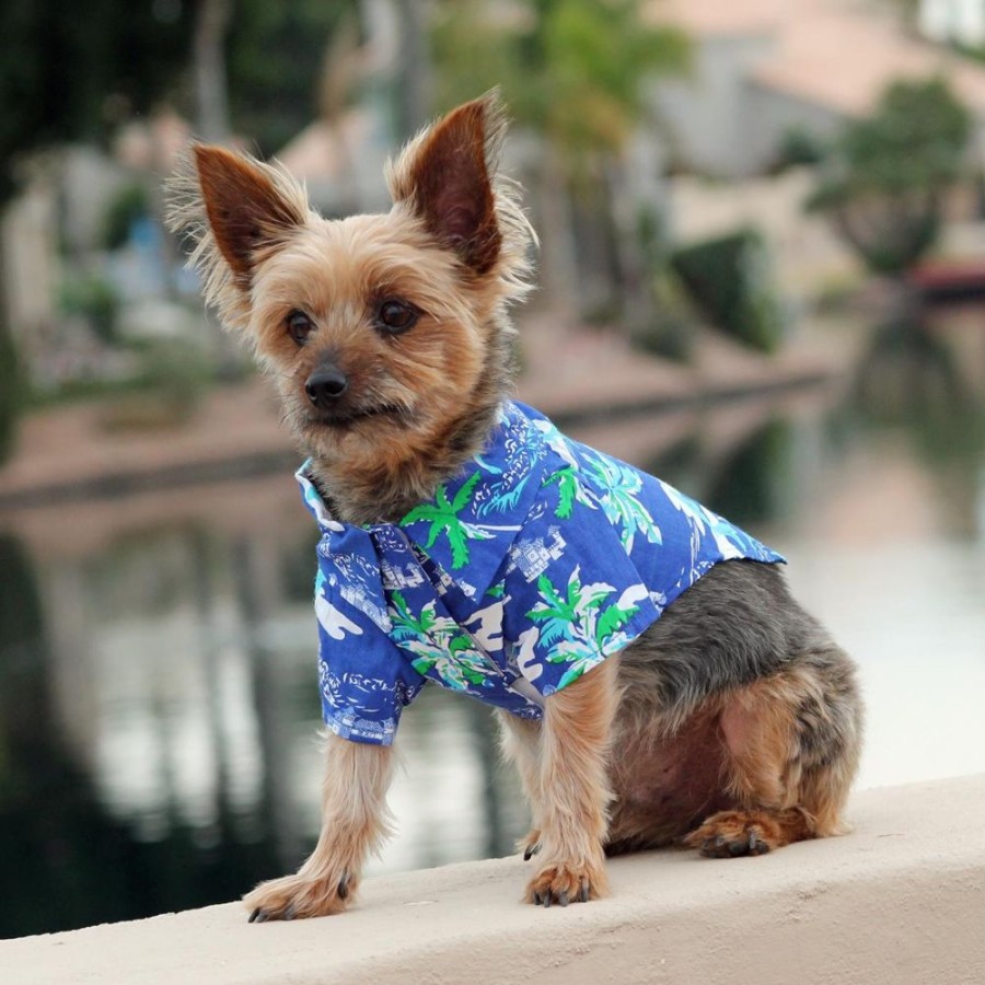 Pet Apparel (Continued) Doggie Design, Inc. | Hawaiian Camp Shirt - Ocean Blue And Palms