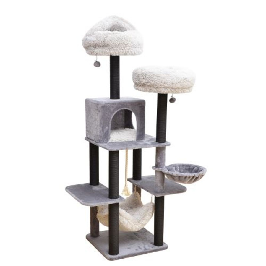 For Cats & Other Critters Petpals | Catry Bradbury 7 Level Gray Cat Tree With Scratching Posts, Condo, Hammock And Two Shag Fur Cushions, Model-Ct210353B