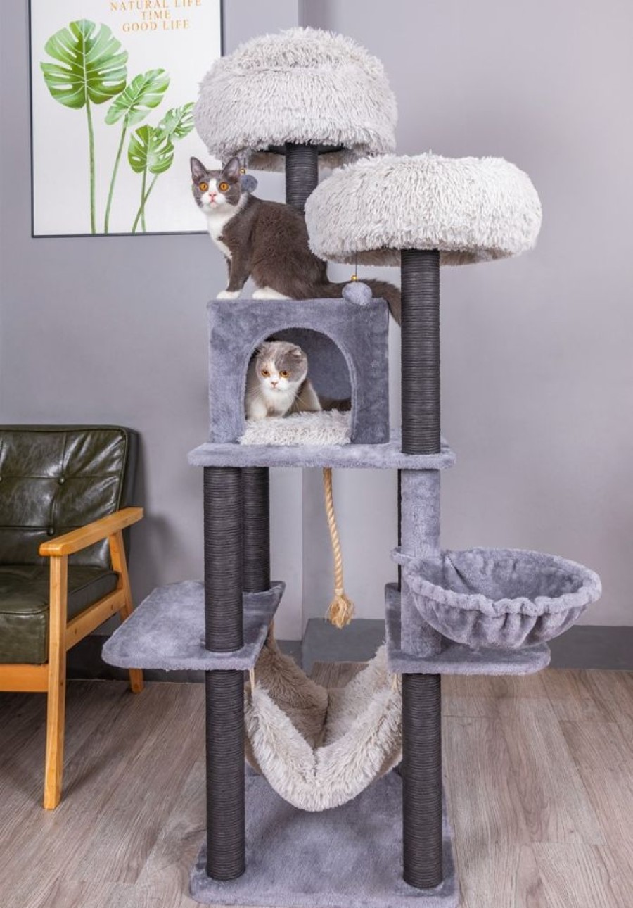 For Cats & Other Critters Petpals | Catry Bradbury 7 Level Gray Cat Tree With Scratching Posts, Condo, Hammock And Two Shag Fur Cushions, Model-Ct210353B