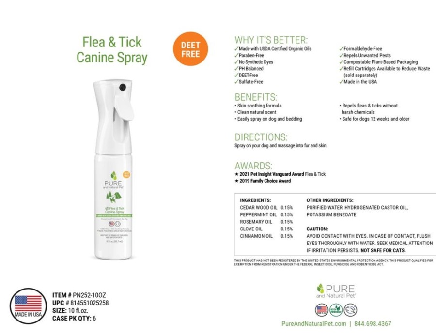 Grooming & Shampoos Pure and Natural Pet® | Flea & Tick Canine Spray, 10Oz. Spray Bottle