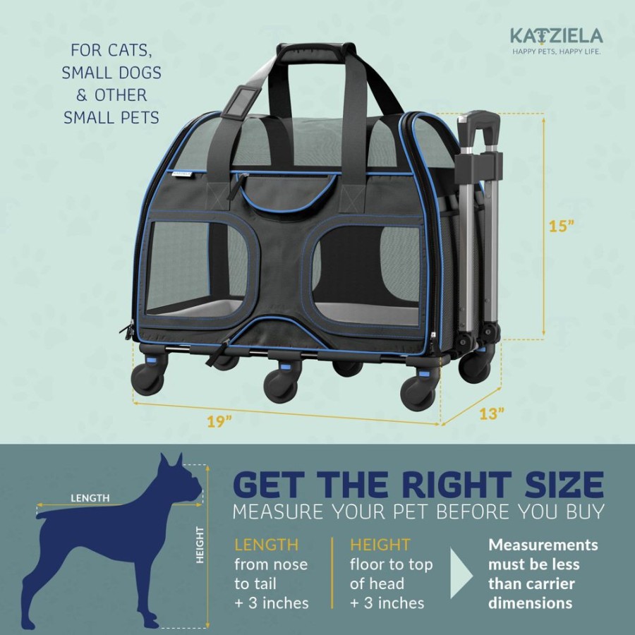 Beds, Crates, Etc. Katziela | Katziela® Luxury Rider Pro Pet Carrier With Removable Wheels And Double Telescopic Handle Black/Blue