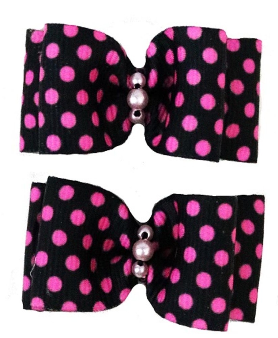 Collars, Leads & Accessories Max's Closet, LLC | Pink Polka Dot On Black Hair Bows - 2 Bows Per Card