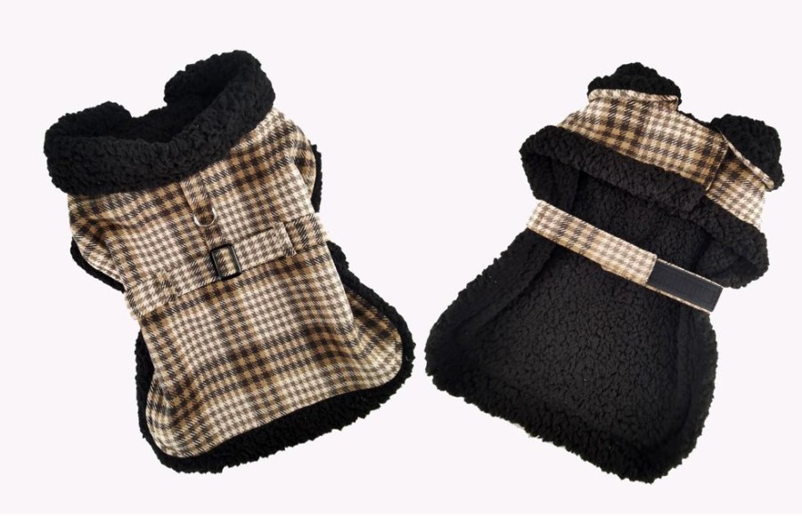 Harnesses Doggie Design, Inc. | Sherpa Lined Dog Harness Coat - Brown And White Plaid With Matching Leash