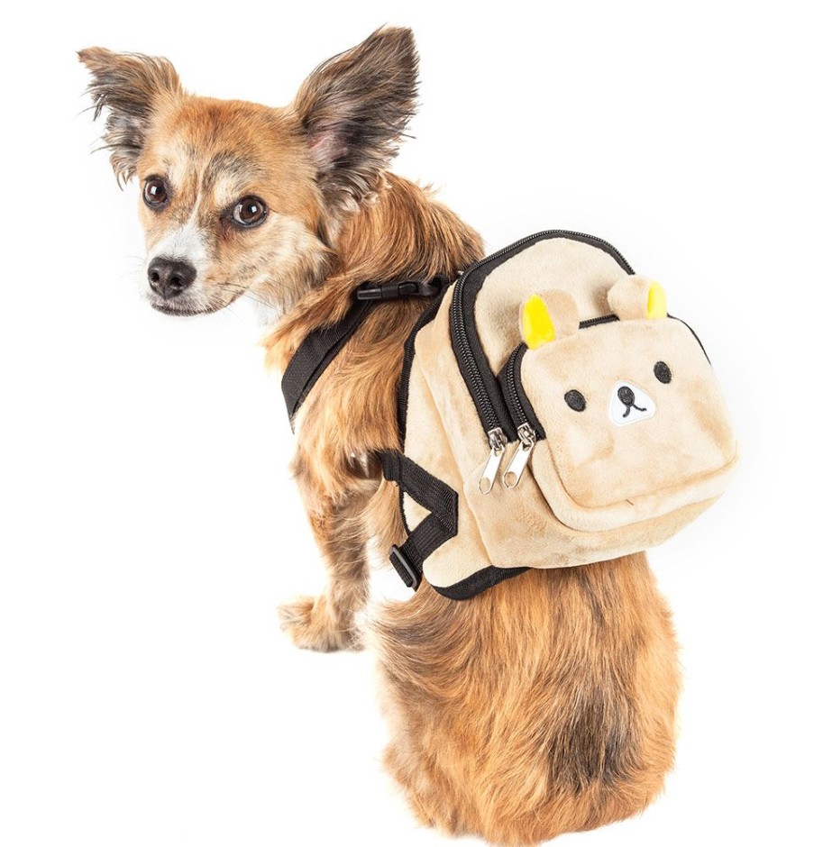 Harnesses Pet Life | Pet Life® 'Teddy Tails' Dual-Pocketed Compartmental Animated Brown Dog Harness Backpack