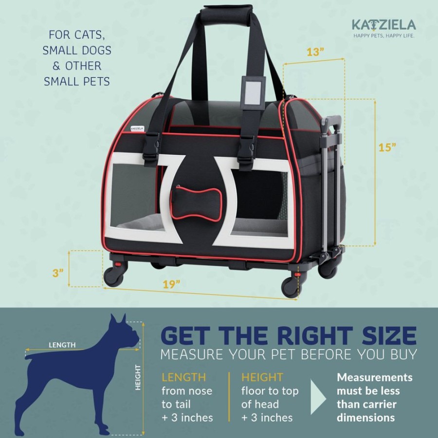 Beds, Crates, Etc. Katziela | Katziela® Bone Cruiser Pro Pet Carrier With Removable Wheels And Double Telescopic Handle Black