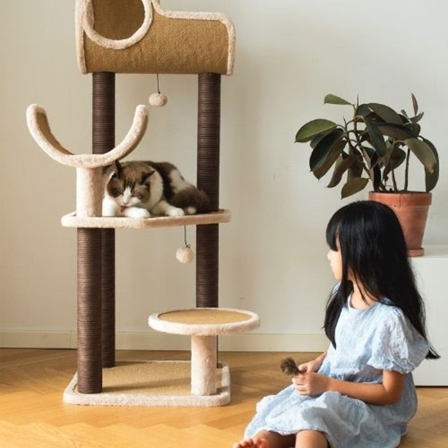 For Cats & Other Critters Petpals | Catry, Camel Cat Tree Tower With Paper Rope Covered Scratching And Condo Tunnel