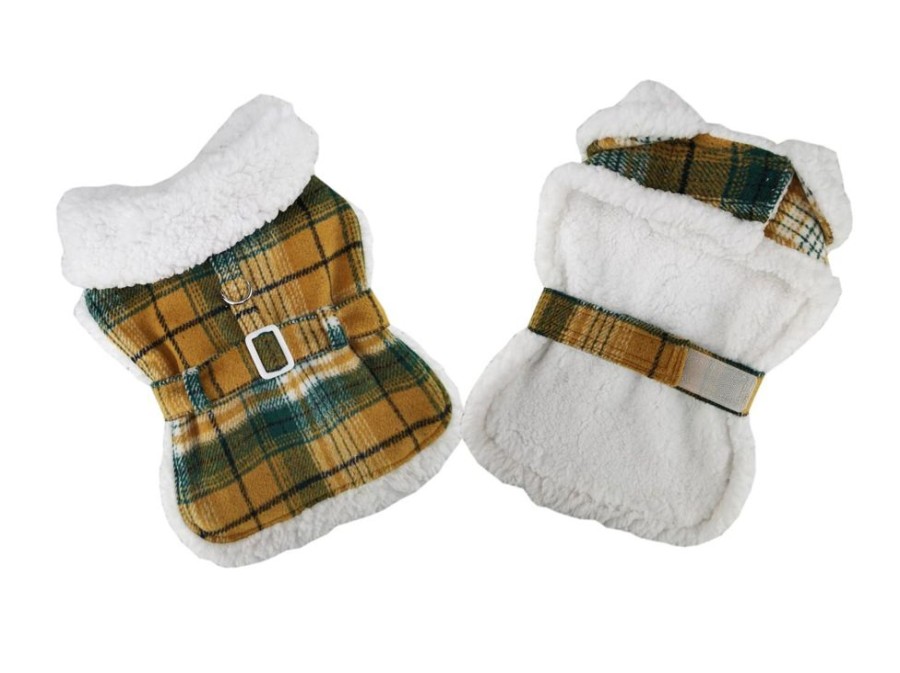 Harnesses Doggie Design, Inc. | Sherpa Lined Dog Harness Coat - Yellow Plaid With Matching Leash