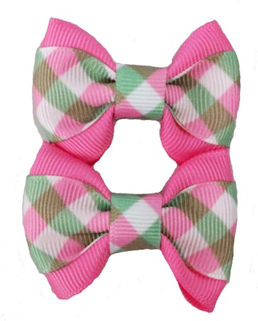 Collars, Leads & Accessories Max's Closet, LLC | Pink/Green Gingham On Pink Hair Bows - 2 Bows Per Card