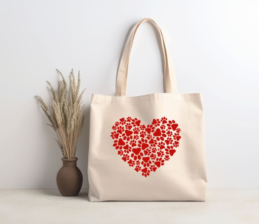 Stuff For Humans Paisley Paw Designs | Valentine Tote Bag | Canvas Tote | Lightweight 6 Oz Canvas | Heart With Paw Prints