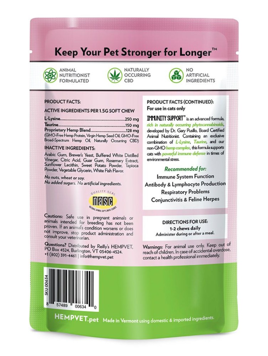 Treats HEMPVET Pet Health Remedies | Immunity Support For Cats With Cbd, Taurine & L-Lysine (30 Chews/Bag)