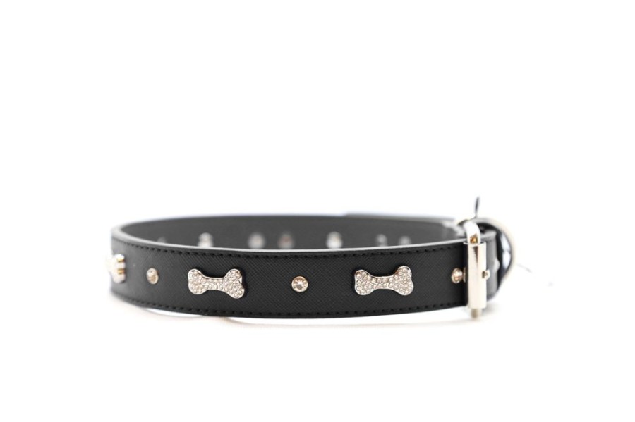 Collars, Leads & Accessories Vanderpump Pets | Vp Pets Designer Diamond And Bone Leatherette Collar - Black