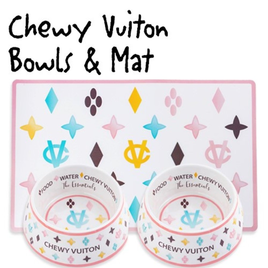 Bowls & Feeding Supplies Haute Diggity Dog | White Chewy Vuiton Bowls & Mat Bundle By Haute Diggity Dog