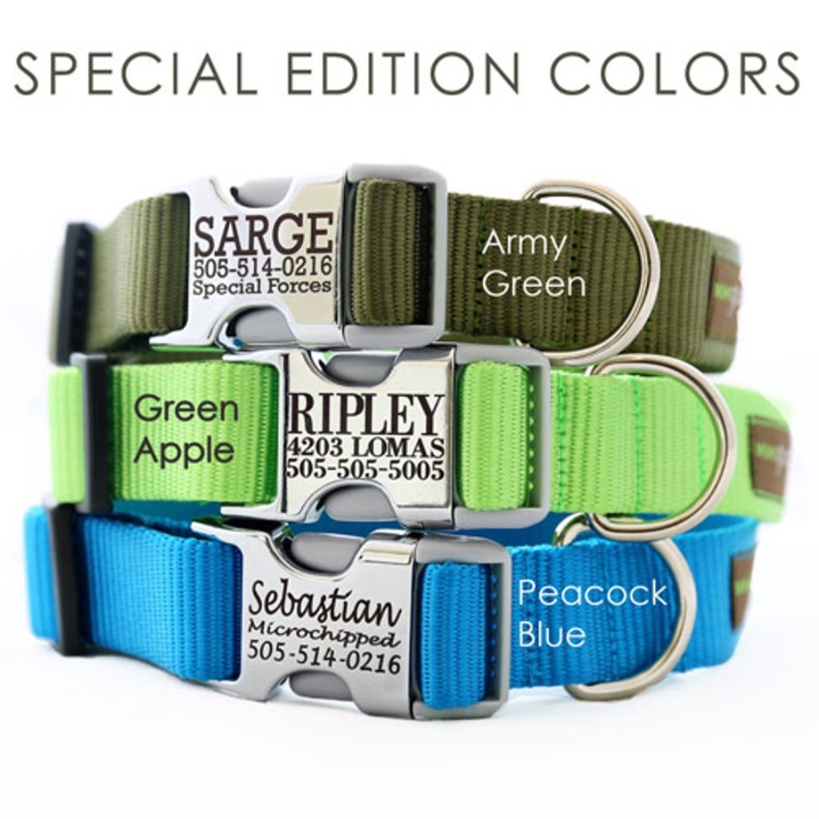 Collars, Leads & Accessories Mimi Green | Metal Buckle Engraved Personalized Webbing Dog Collar *21 Colors