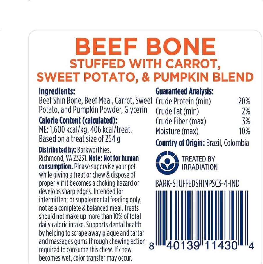 Treats Barkworthies | Barkworthies 3-4" Shin Bone Stuffed W/Pumpkin, Sweet Potato, & Carrot