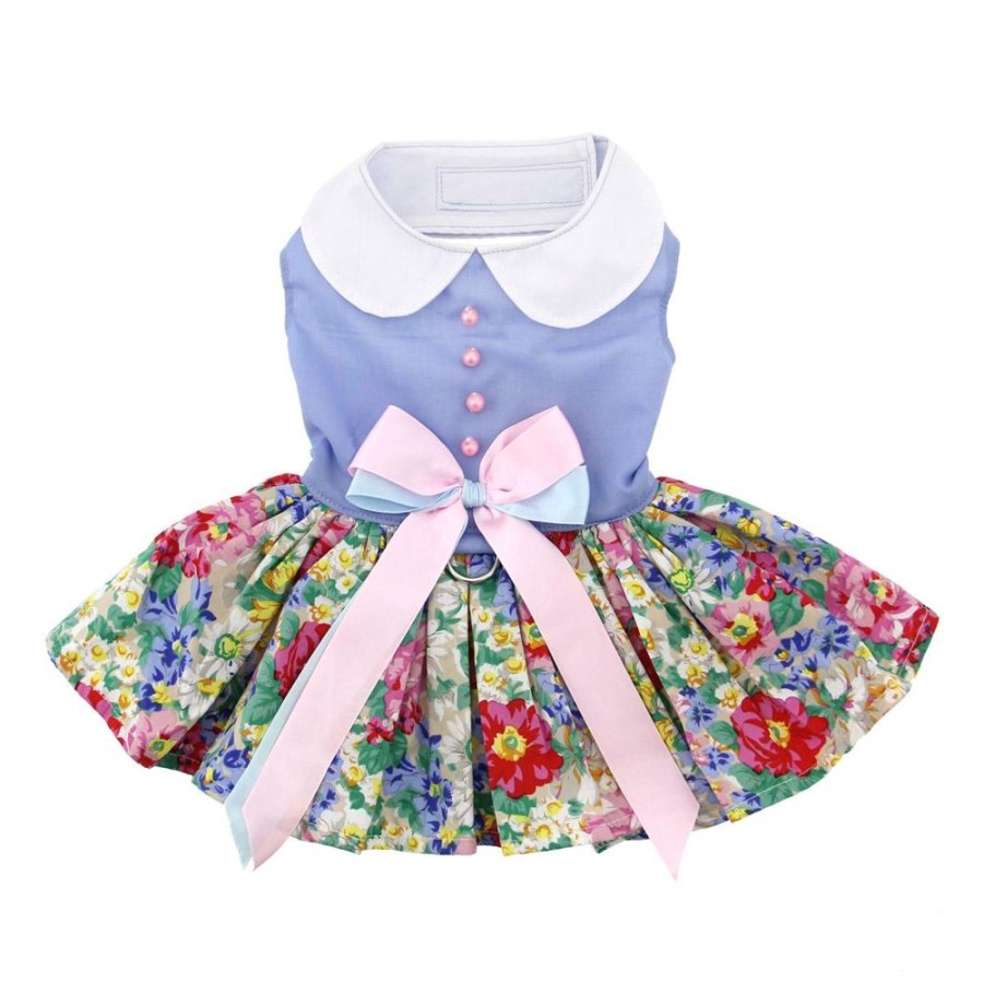 Pet Apparel (Continued) Doggie Design, Inc. | Blue And White Pastel Pearls Floral Dress With Matching Leash