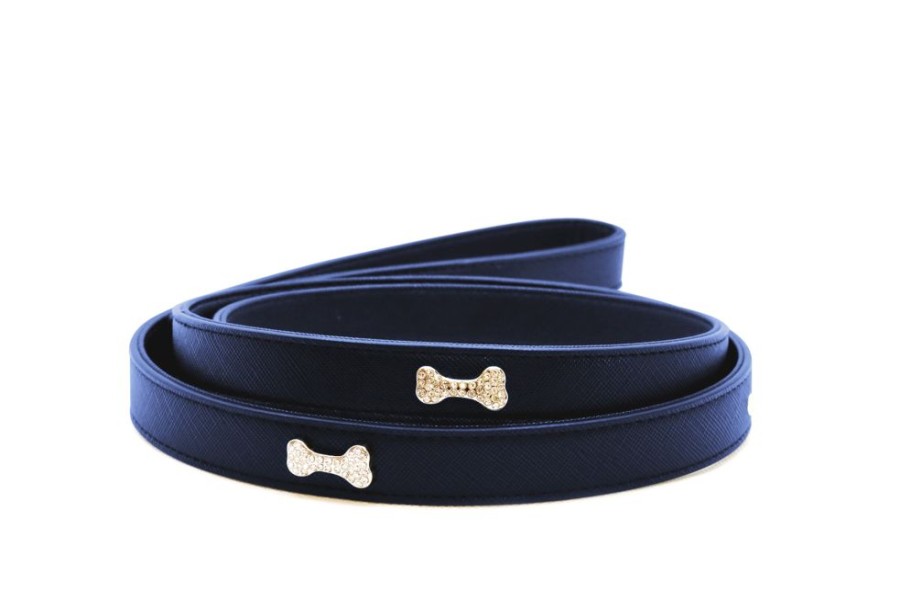 Collars, Leads & Accessories Vanderpump Pets | Vp Pets Designer Diamond And Bone Leatherette Leash - Navy Blue