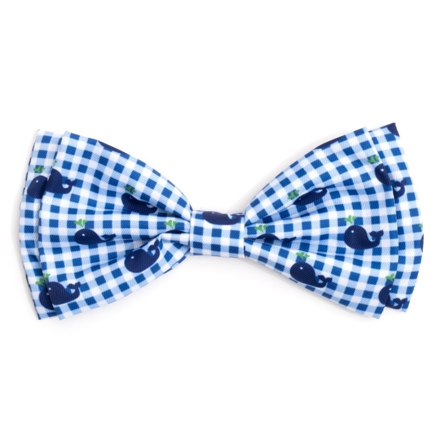 Collars, Leads & Accessories The Worthy Dog | Blue Gingham Whales Bow Tie