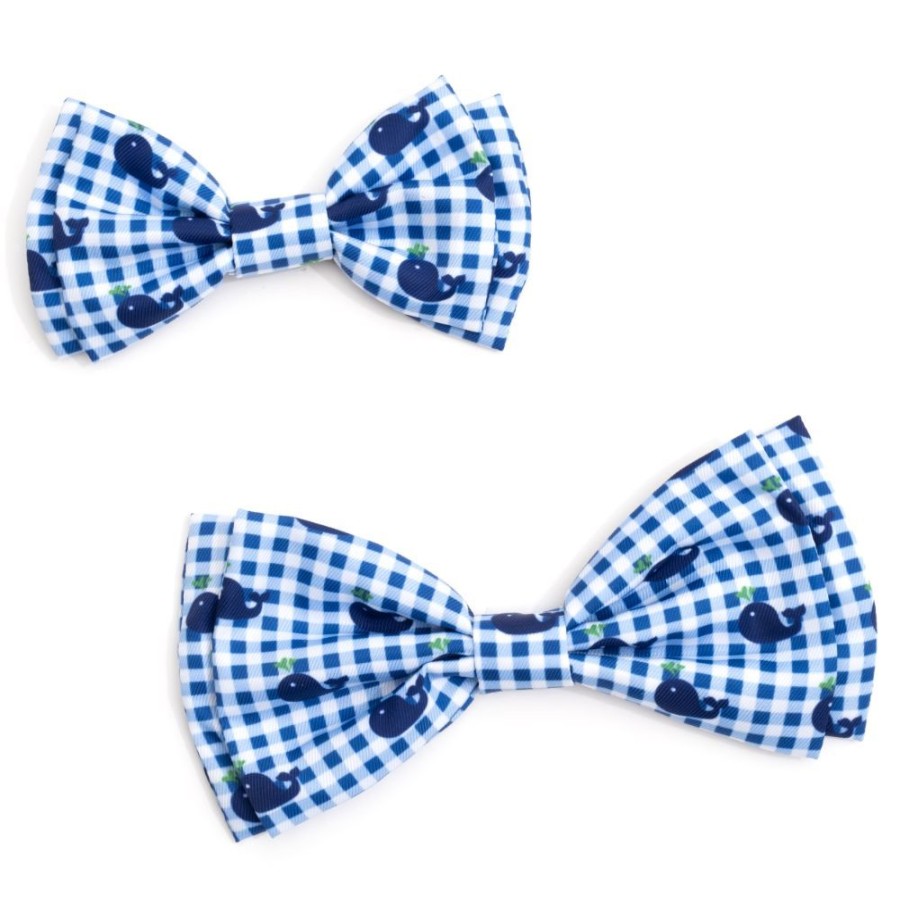 Collars, Leads & Accessories The Worthy Dog | Blue Gingham Whales Bow Tie