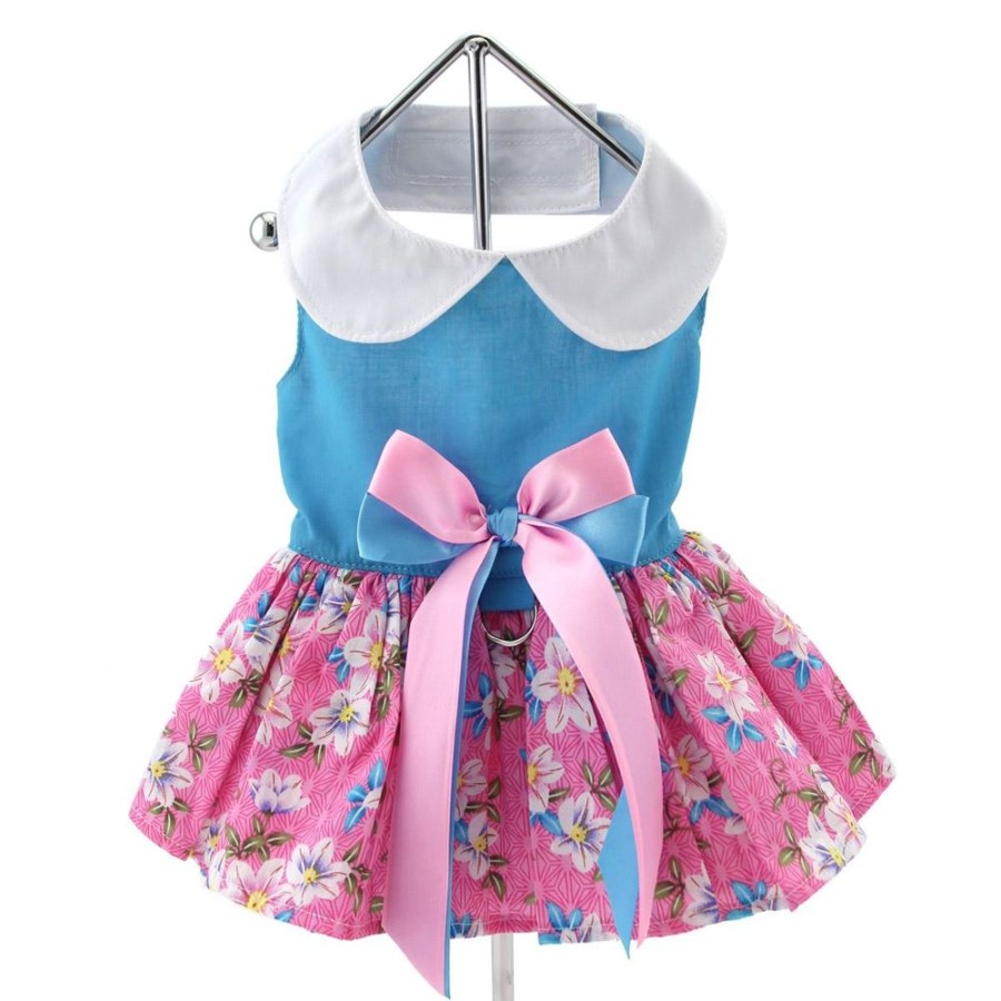 Pet Apparel (Continued) Doggie Design, Inc. | Pink And Blue Plumeria Floral Dress With Matching Leash