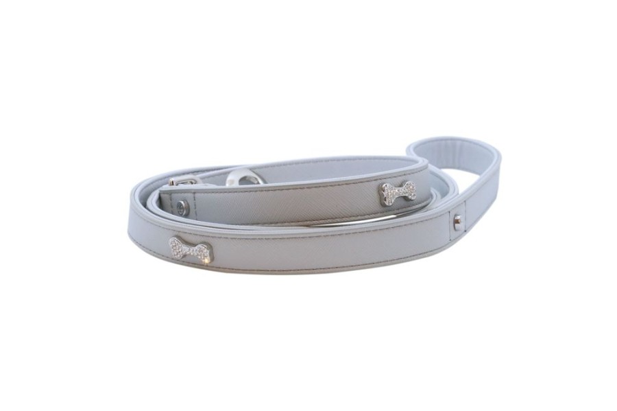 Collars, Leads & Accessories Vanderpump Pets | Vp Pets Designer Diamond And Bone Leatherette Leash - Grey