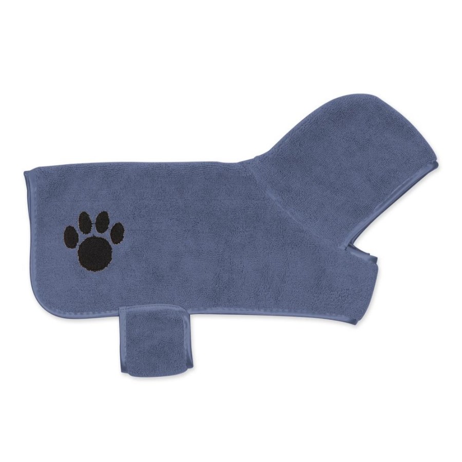 Pet Apparel Bone Dry Pet | Stonewash Blue Embroidered Paw Pet Robe