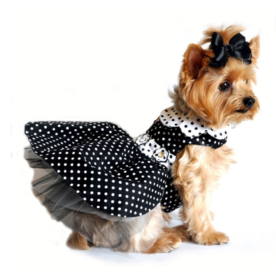 Pet Apparel (Continued) Doggie Design, Inc. | Black And White Polka Dot Dress With D-Ring And Leash