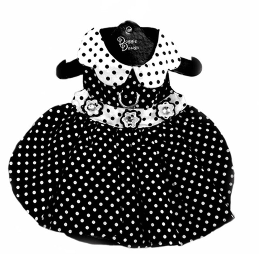 Pet Apparel (Continued) Doggie Design, Inc. | Black And White Polka Dot Dress With D-Ring And Leash