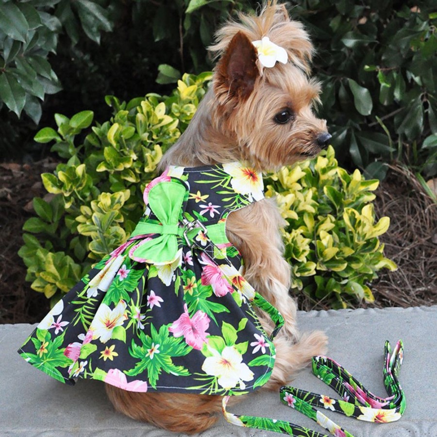 Pet Apparel (Continued) Doggie Design, Inc. | Twilight Black Hawaiian Hibiscus Dress W/ Leash & D-Ring