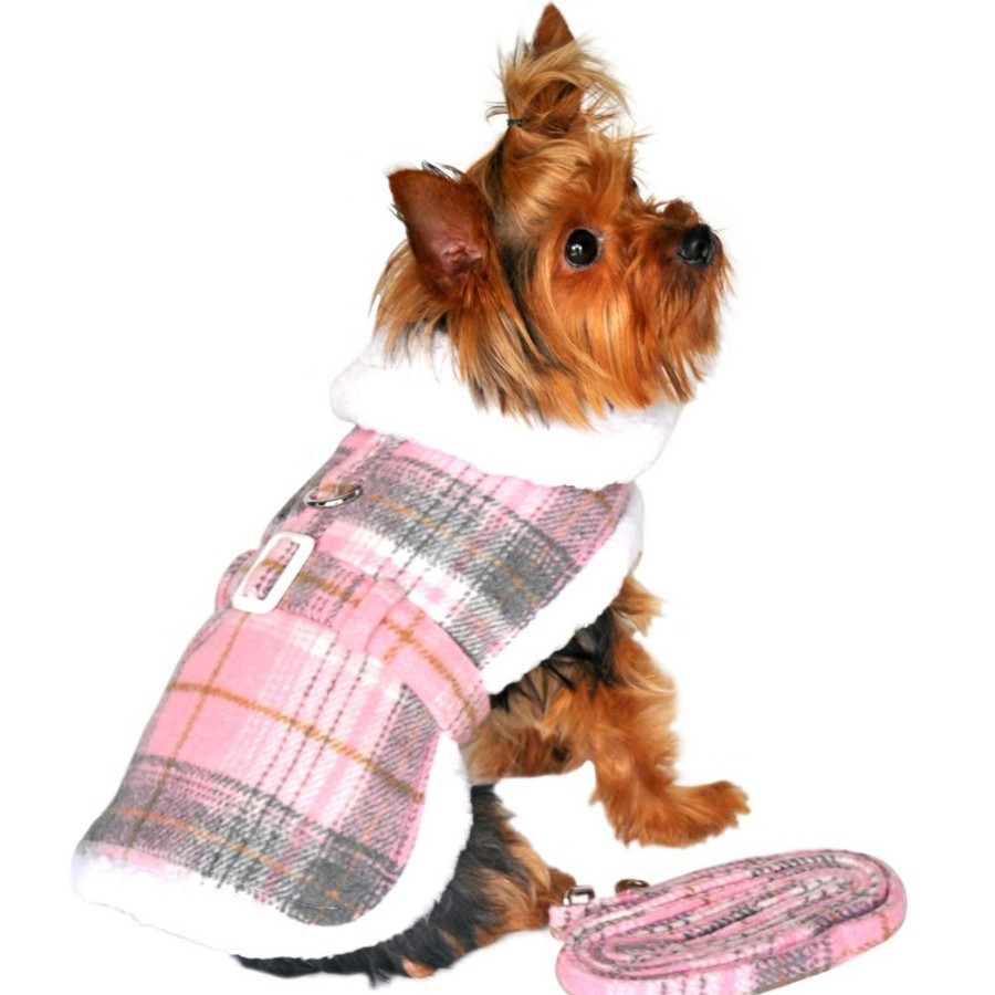 Harnesses Doggie Design, Inc. | Sherpa Lined Dog Harness Coat - Pink And White Plaid With Matching Leash