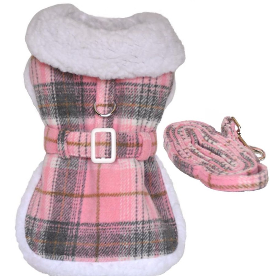 Harnesses Doggie Design, Inc. | Sherpa Lined Dog Harness Coat - Pink And White Plaid With Matching Leash