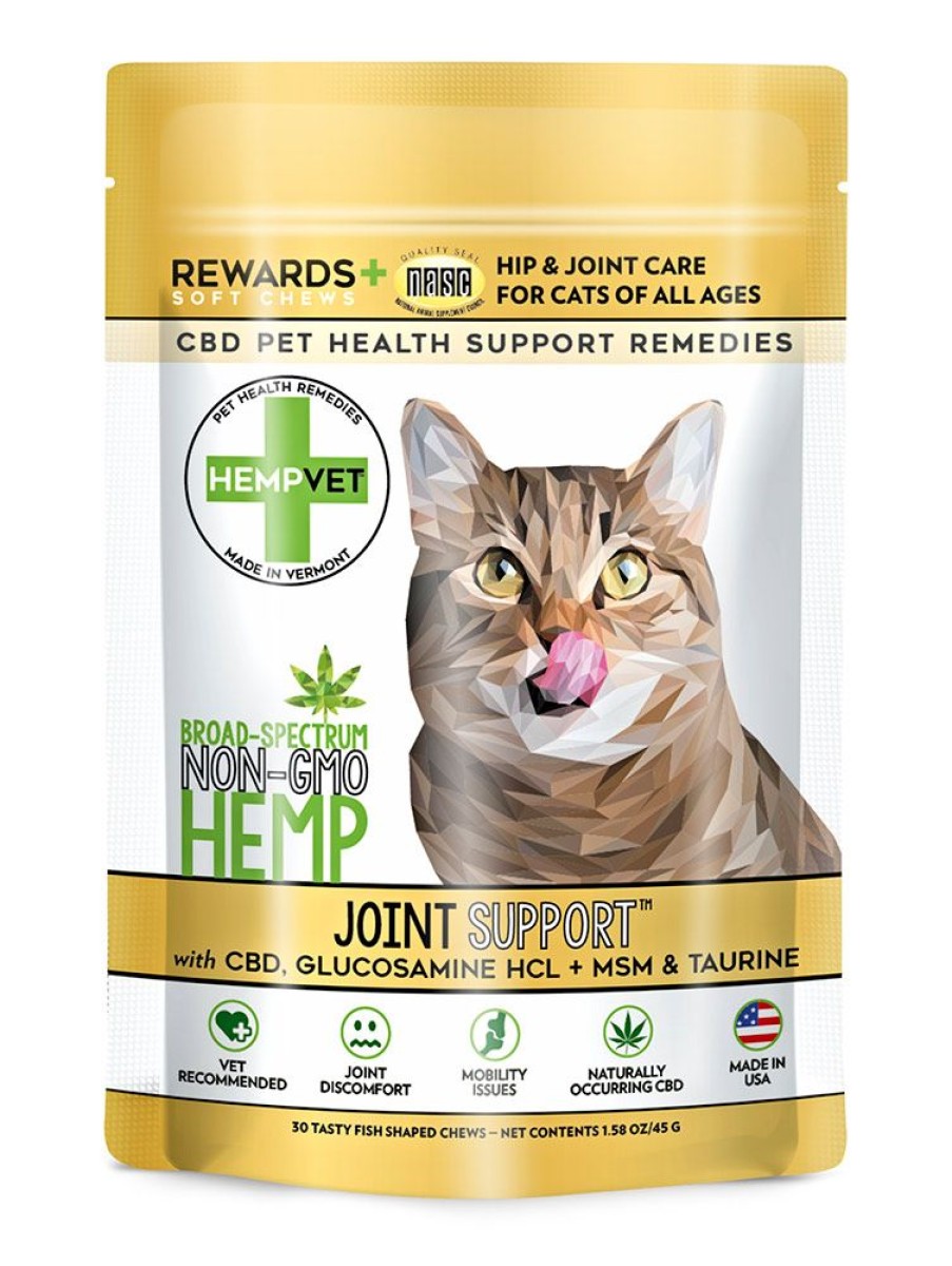 Treats HEMPVET Pet Health Remedies | Joint Support For Cats With Cbd, Glucosamine Hcl + Msm & Taurine (30 Chews/Bag)