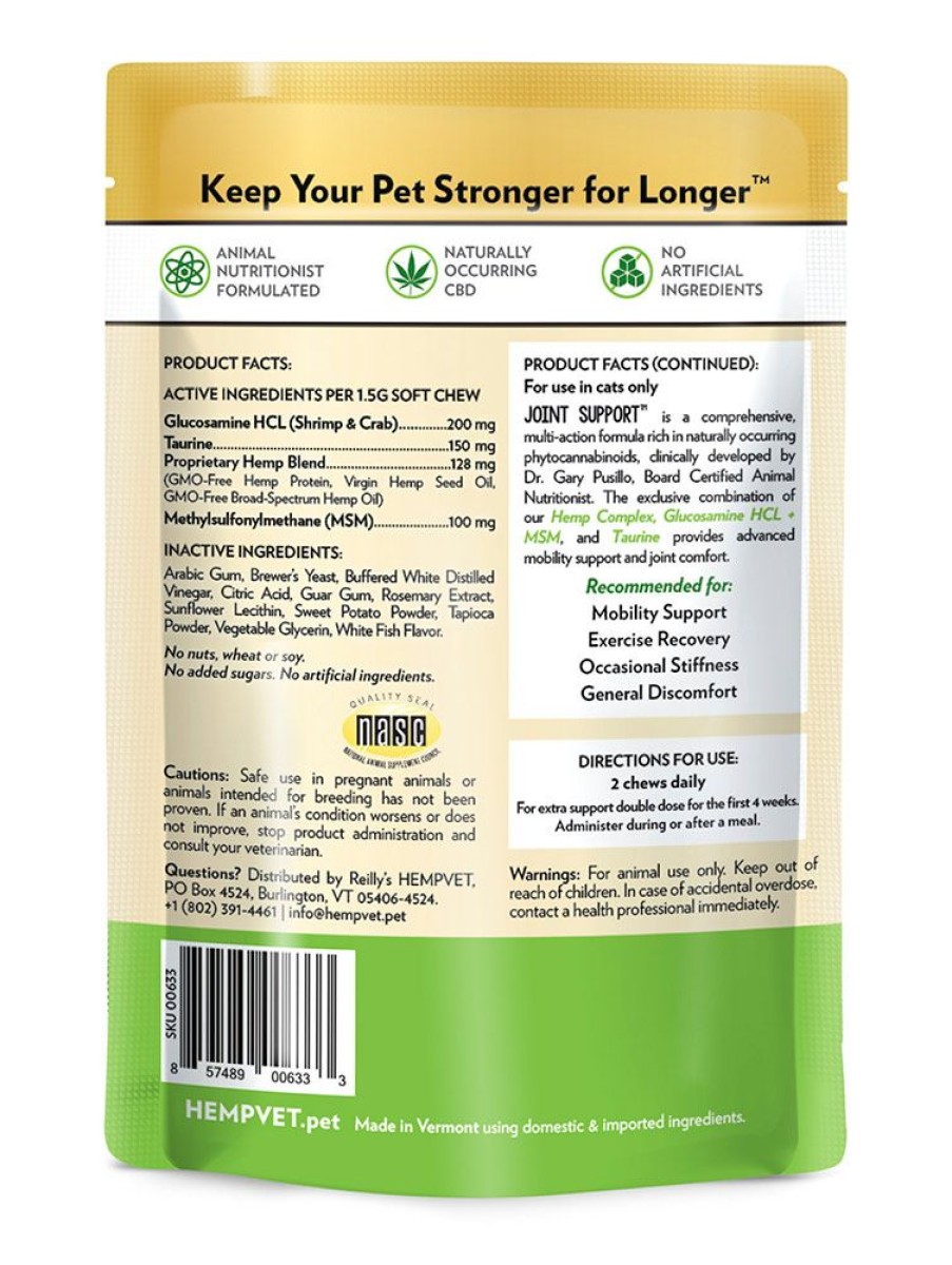 Treats HEMPVET Pet Health Remedies | Joint Support For Cats With Cbd, Glucosamine Hcl + Msm & Taurine (30 Chews/Bag)