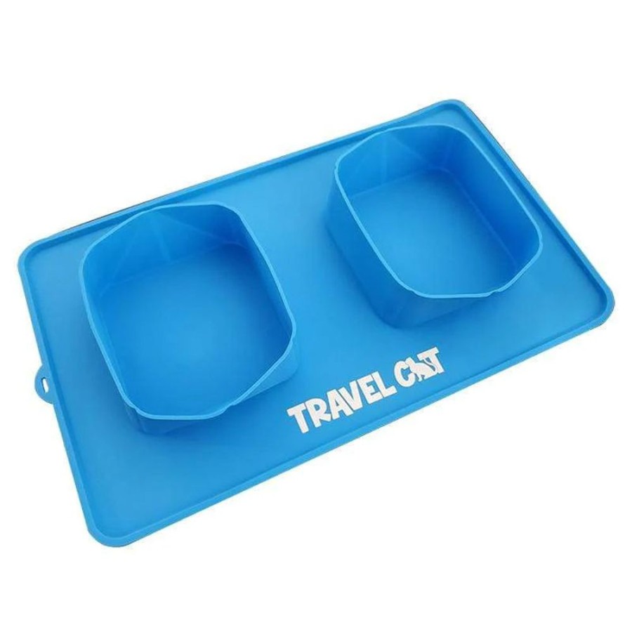 For Cats & Other Critters Travel Cat | The Travel Buddy Double Bowl & Mat - Portable Cat Food & Water Dish