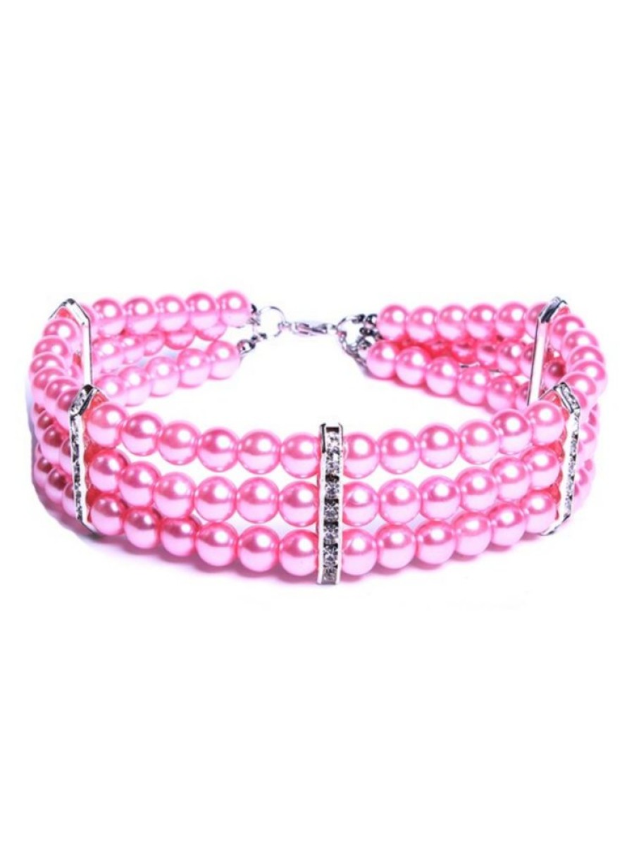 Collars, Leads & Accessories Dog Squad | 3 Row Pretty Pearl Choker Necklace, Hot Pink