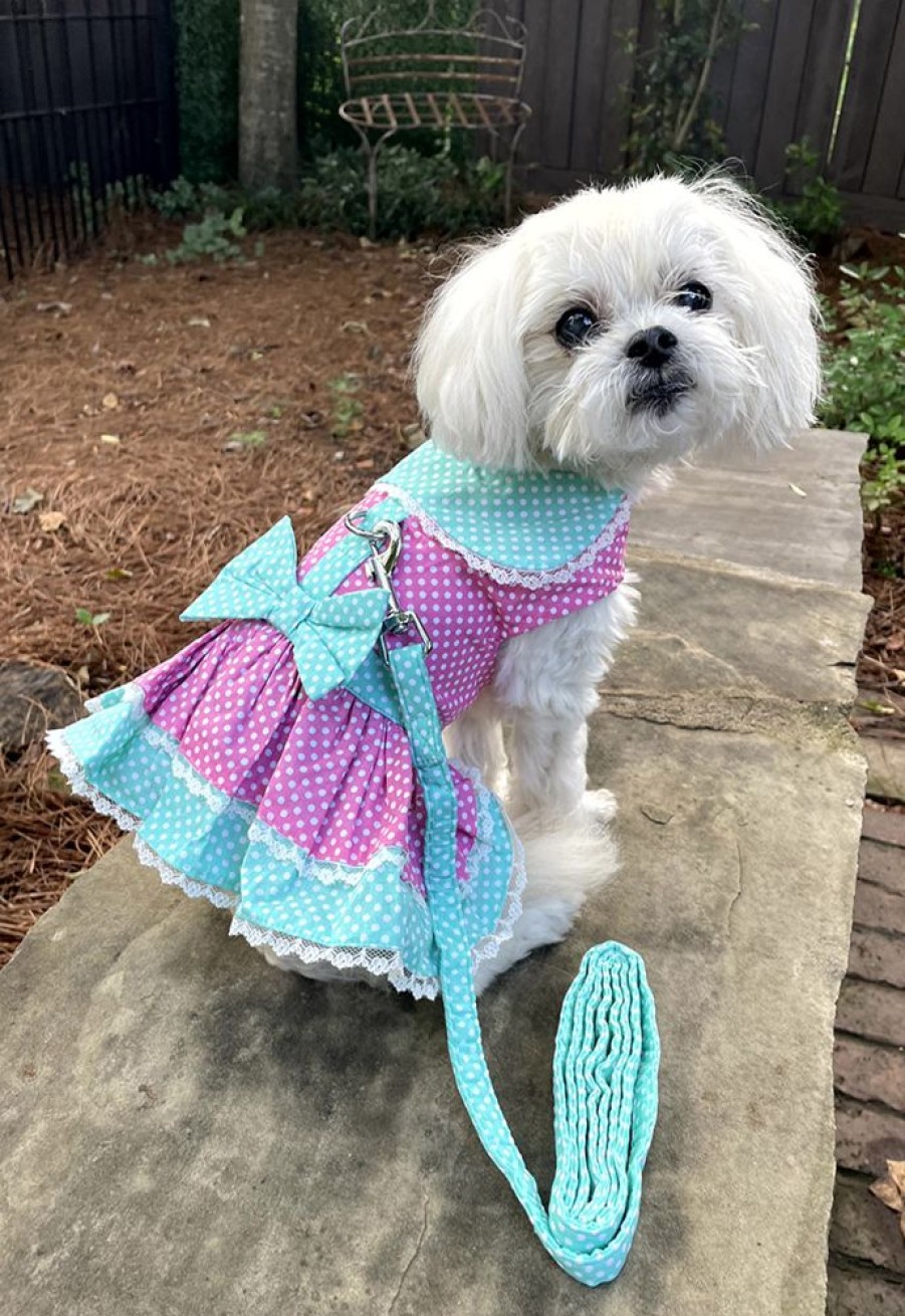 Pet Apparel (Continued) Doggie Design, Inc. | Polka Dot And Lace Dog Dress Set With Leash - Pink And Teal