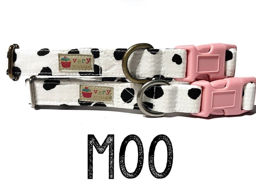 Collars, Leads & Accessories Very Vintage Designs | Moo White Black Cow Print *Best Seller* Organic Cotton Dog & Cat Pet Collars & Leashes